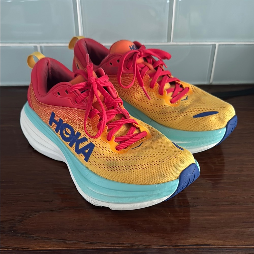 Hoka Vibrant Yellow and Red Athletic Shoes — Bondi 8 Size 8